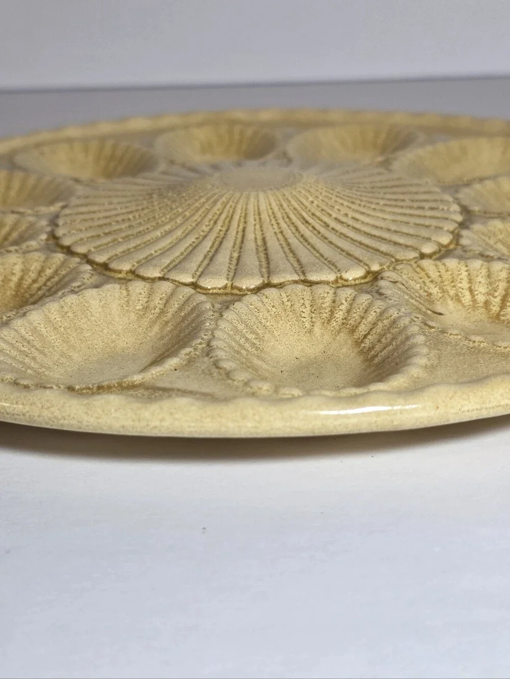 Vintage Ceramic Oyster Plate Seashell 12 Well Deviled Egg Platter Yellow Tan